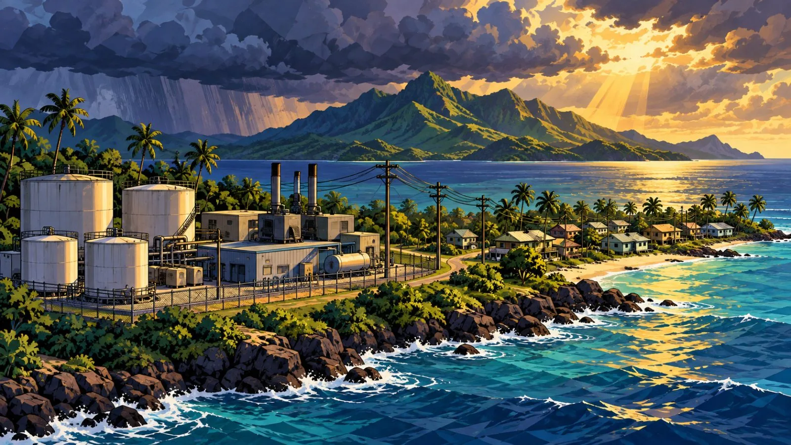 Island power station overlooking a village beneath storm clouds / TokenPost.ai