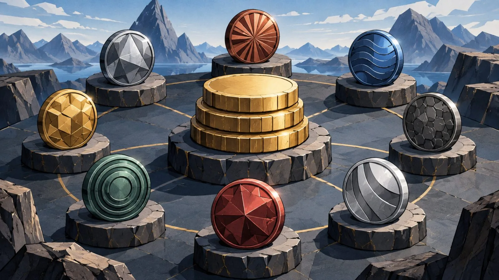 Eight metallic network tokens arranged around a central asset stack / TokenPost.ai