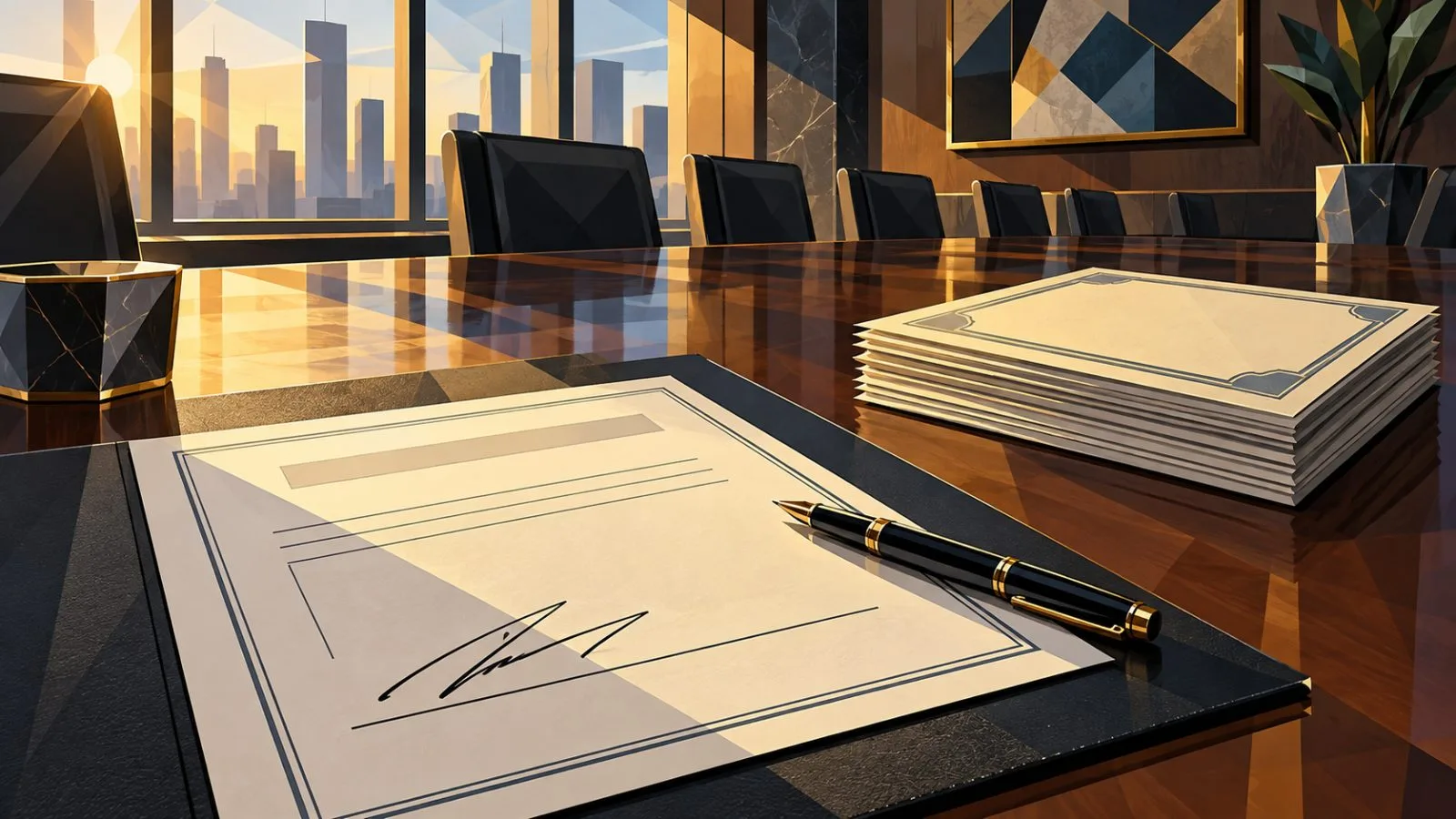 Unmarked stock certificates rest beside an authorization document in morning light / TokenPost.ai