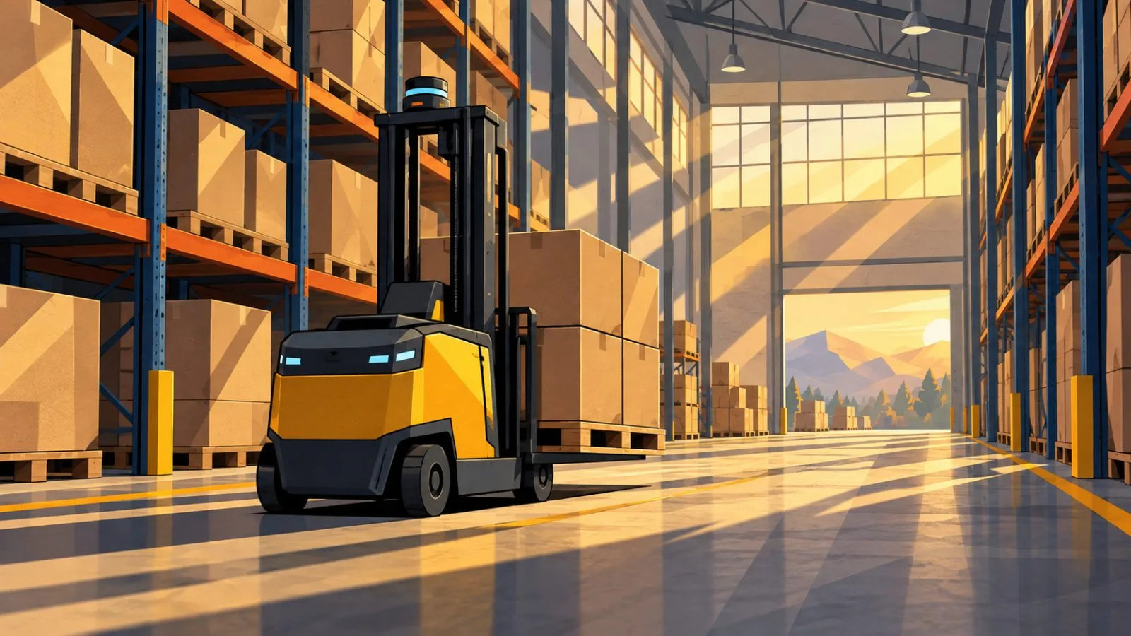 Autonomous forklift moving boxed components through a warehouse aisle / TokenPost.ai