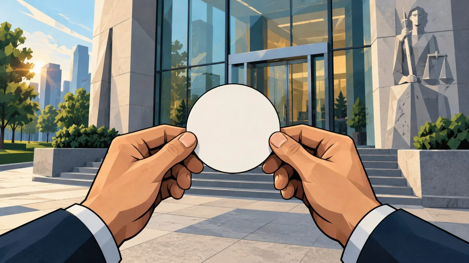 An anonymous hand holds a blank token-shaped card near glass doors / TokenPost.ai