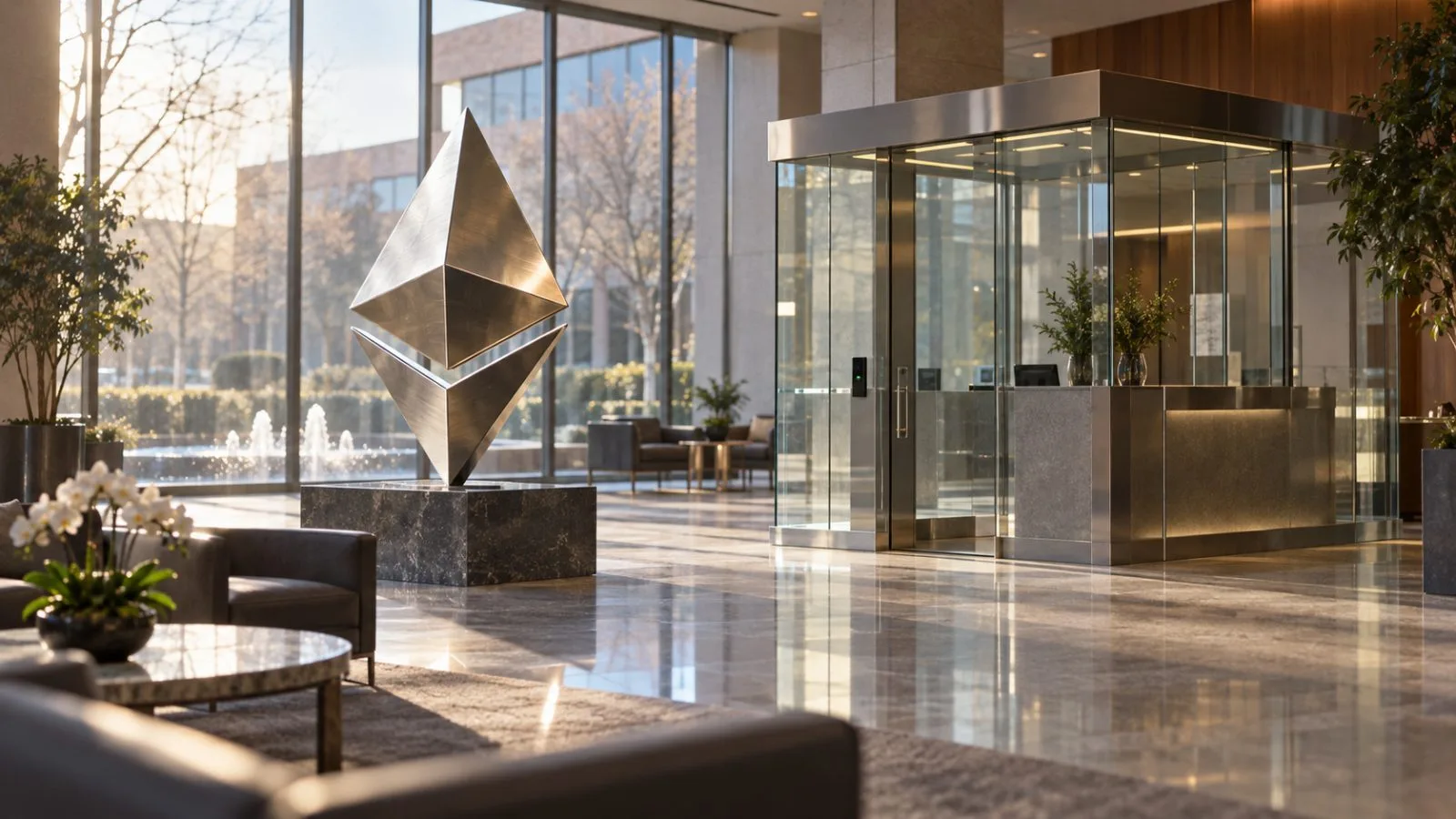 Ethereum sculpture beside a glass kiosk in a modern lobby / TokenPost.ai