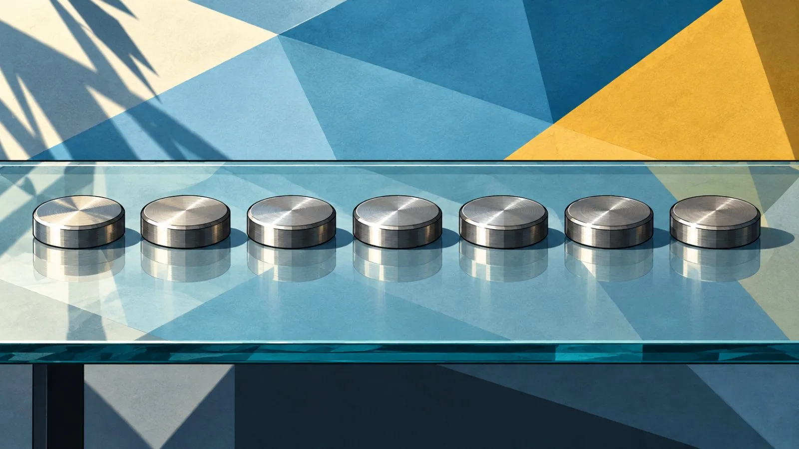 Seven metal discs arranged in a neat row on glass / TokenPost.ai