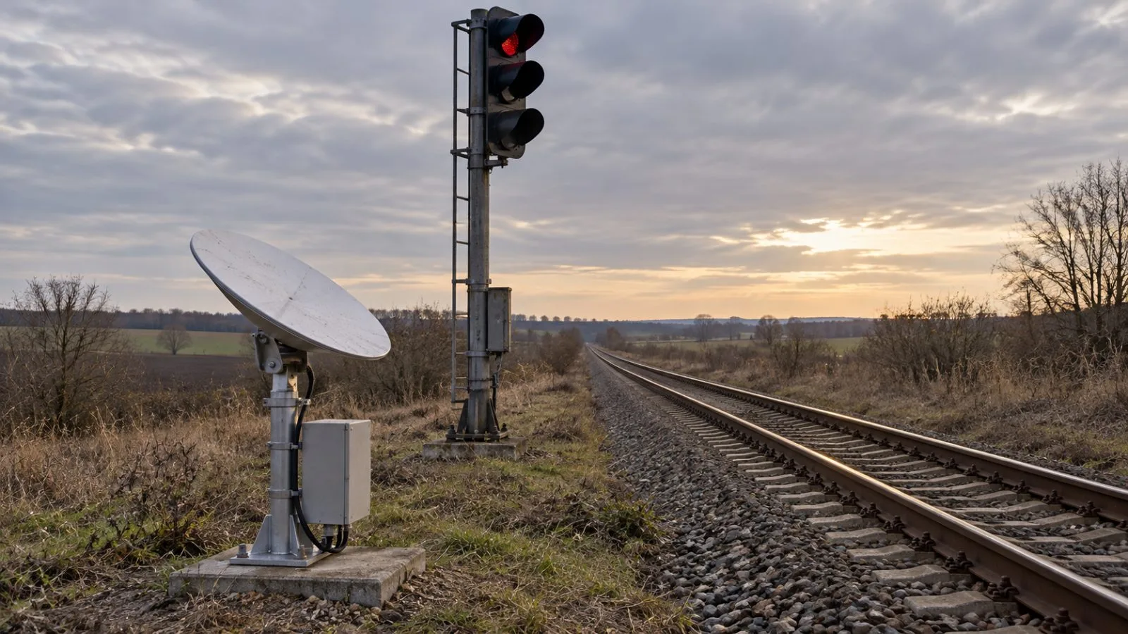 A satellite terminal stands beside a railway signal on open tracks / TokenPost.ai