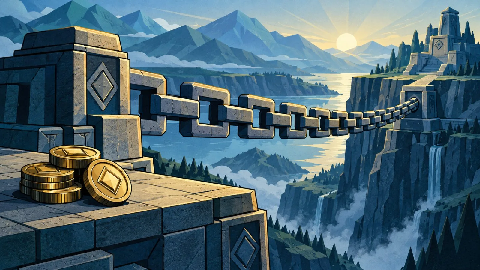 Metallic tokens beside a bridge between stone platforms / TokenPost.ai