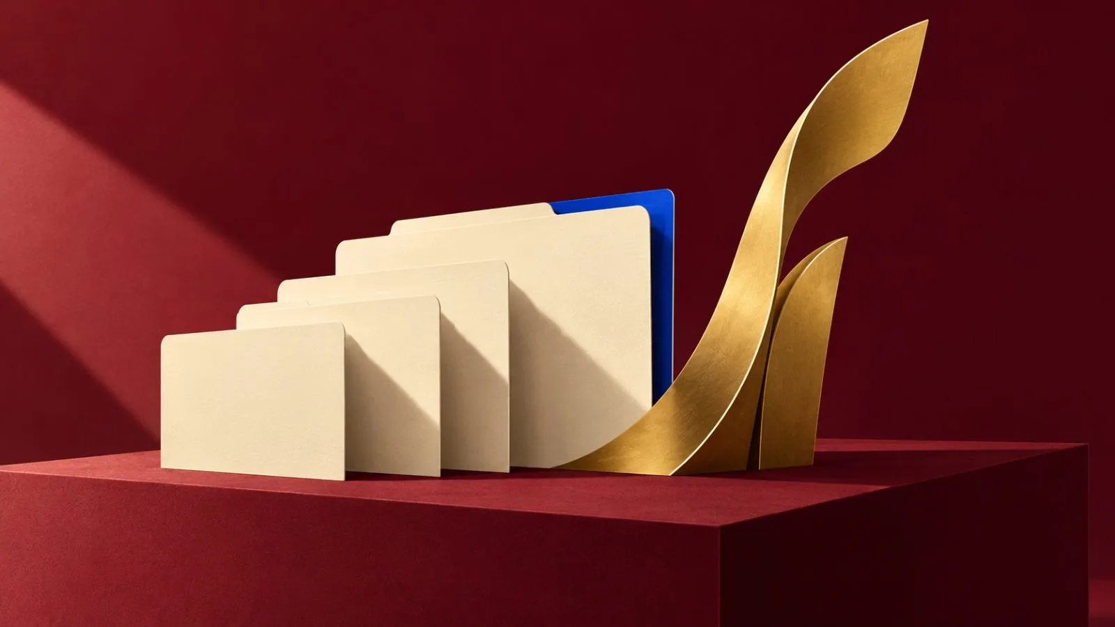 Blank insurance folders sit beside a rising brass form / TokenPost.ai