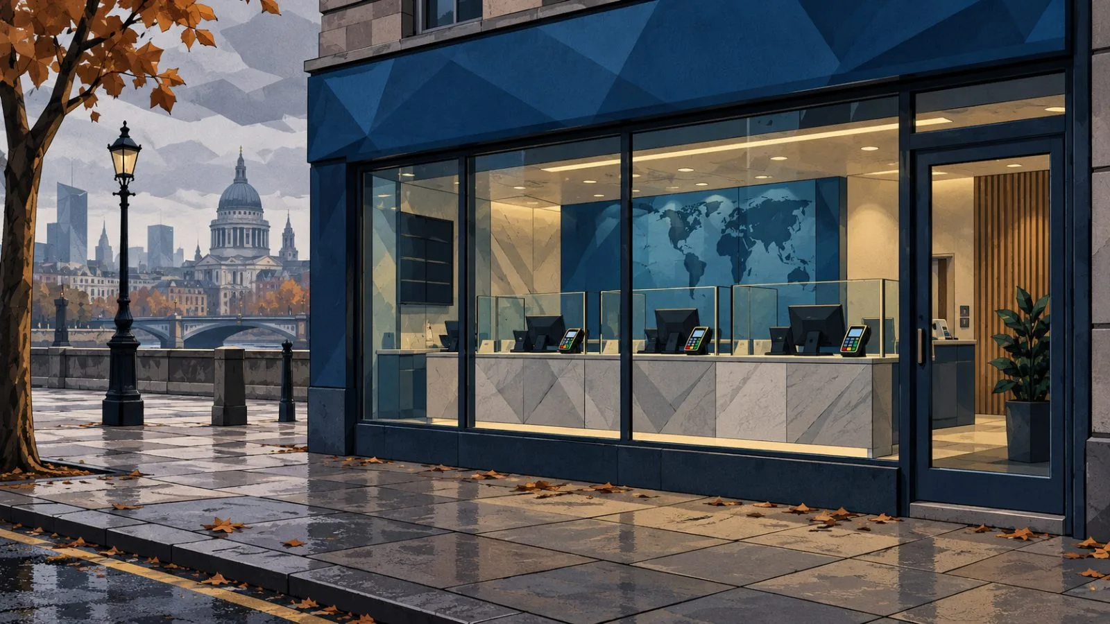 Empty exchange counter with payment terminals behind glass / TokenPost.ai