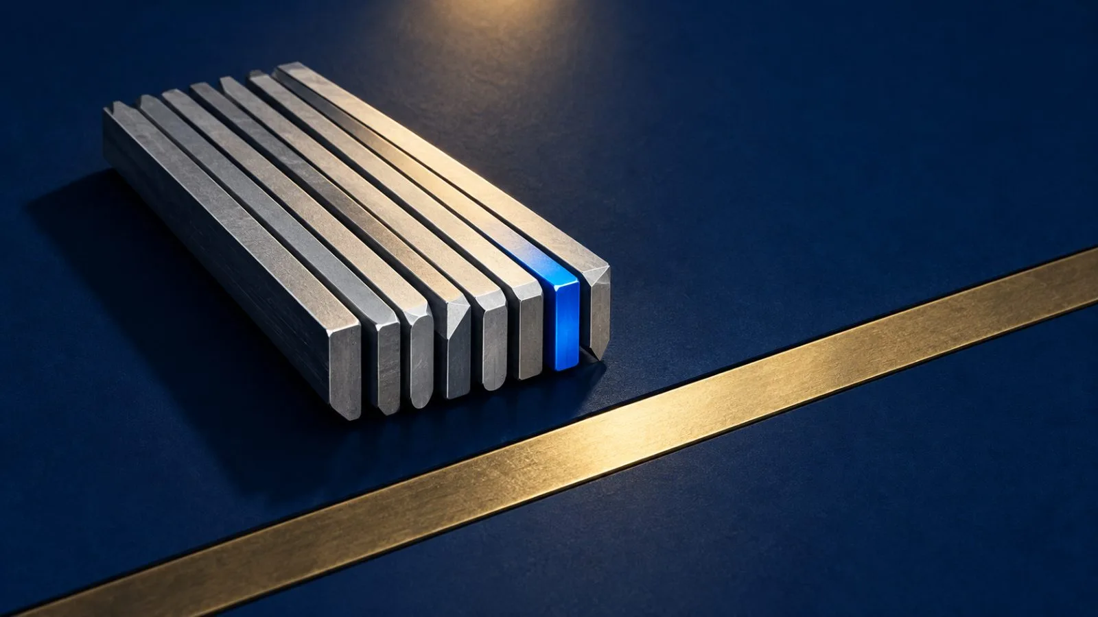 Steel slivers gathered beside a narrow brass threshold / TokenPost.ai
