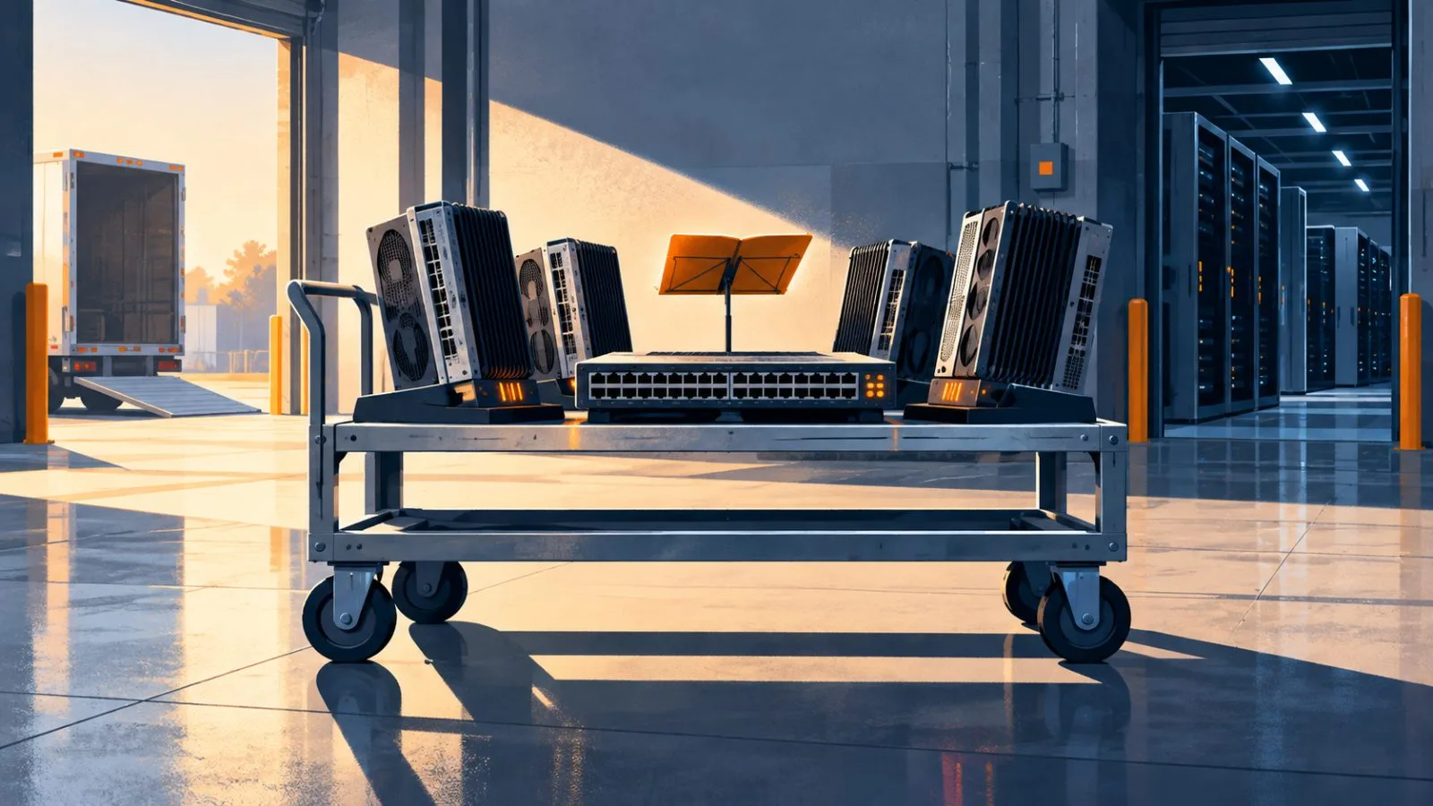 Accelerator modules sit beside a compact networking switch / TokenPost.ai