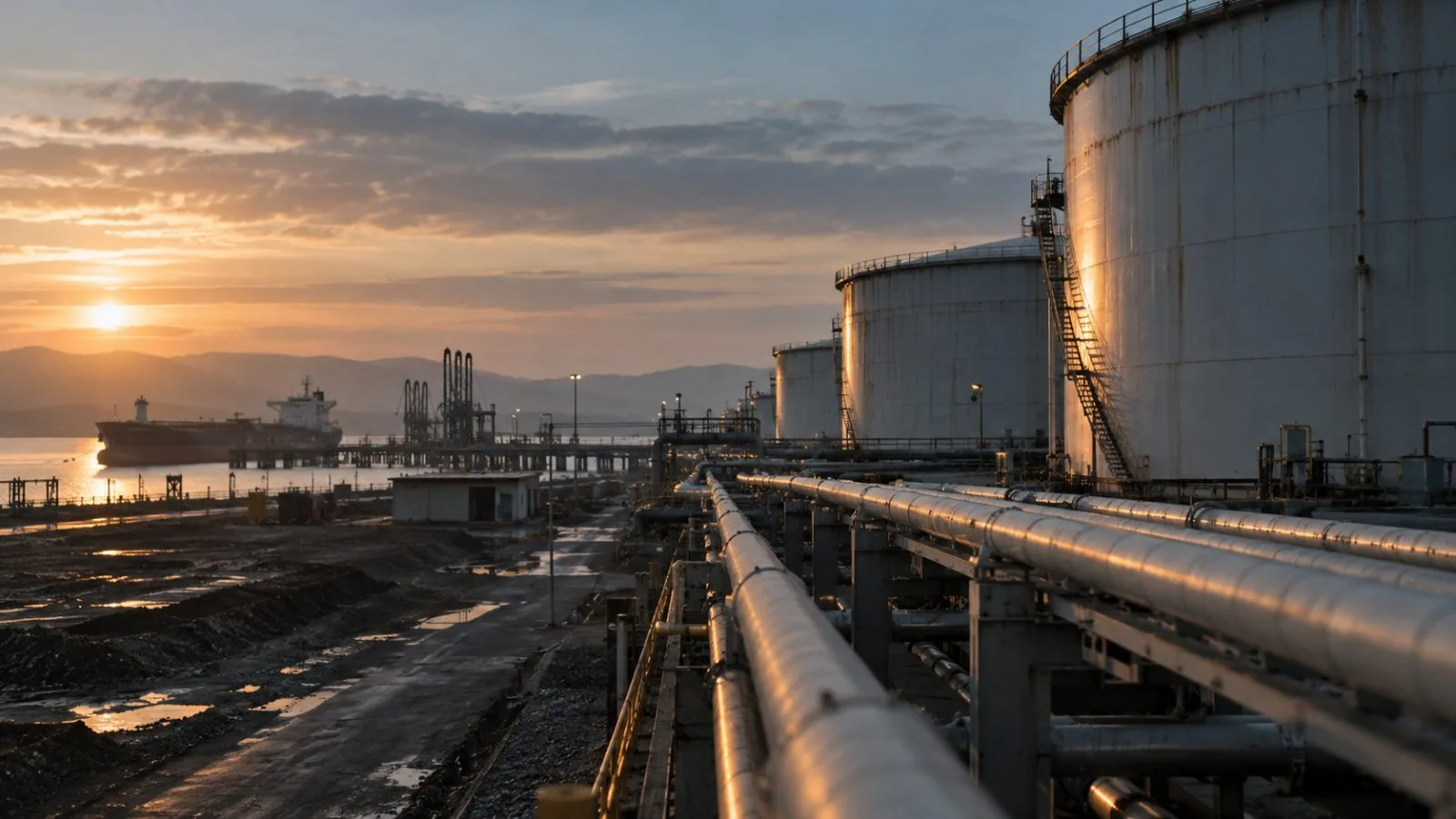 Oil storage tanks stand beside a loading pipeline at dawn / TokenPost.ai