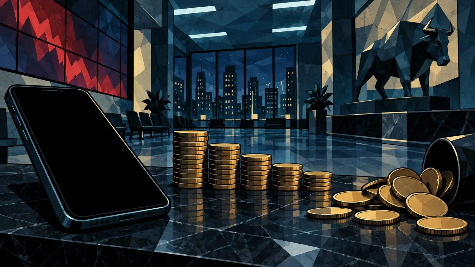 Toppled coins beside an unmarked smartphone in a dim lobby / TokenPost.ai