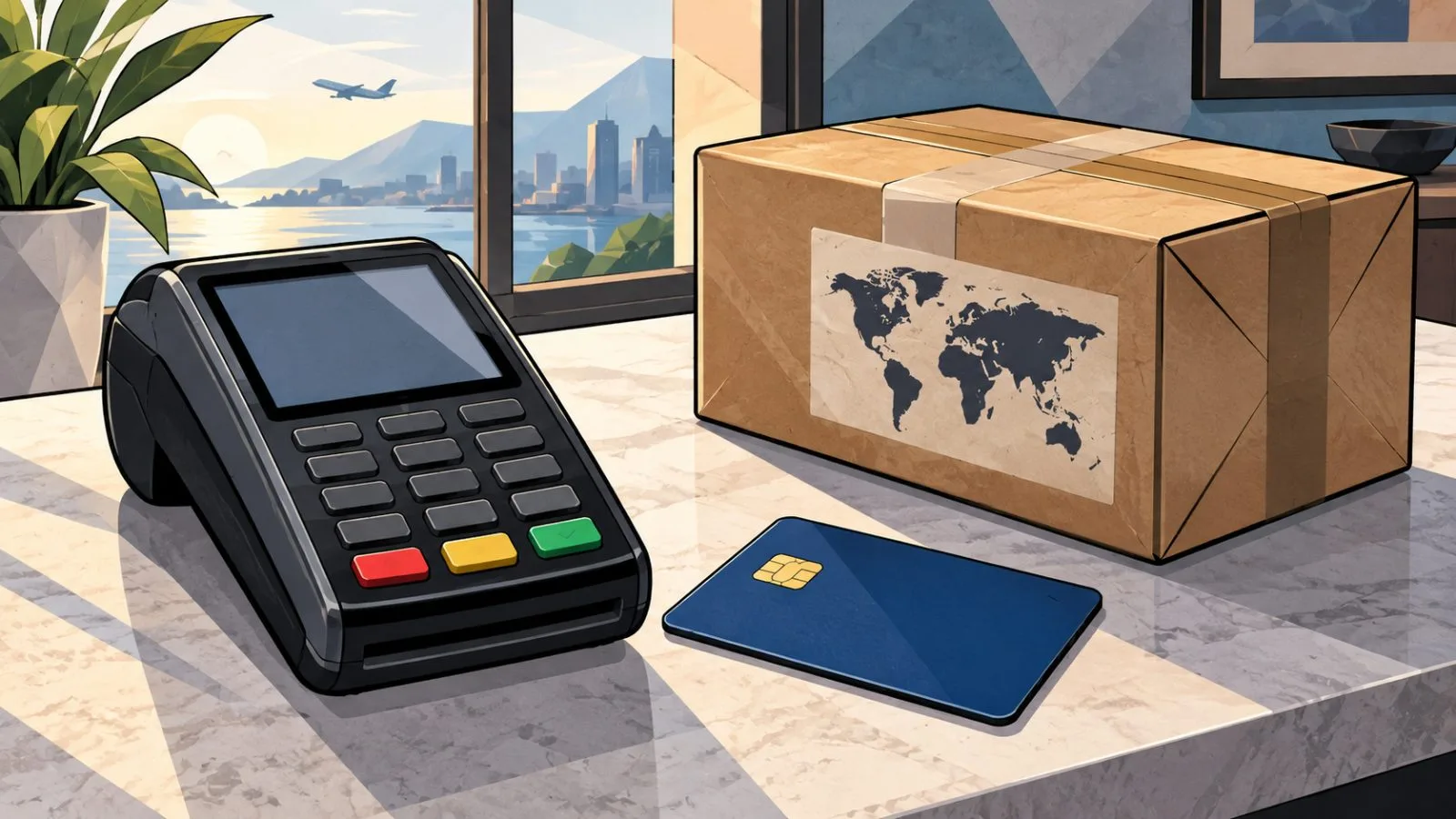 Payment terminal beside a card and international parcel / TokenPost.ai