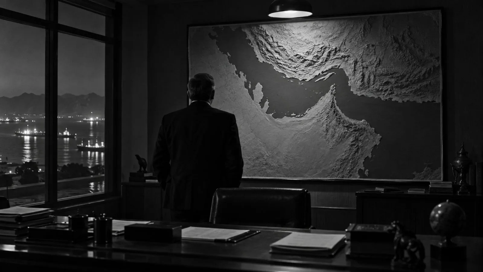 Anonymous official faces a Strait of Hormuz map at dusk / TokenPost.ai