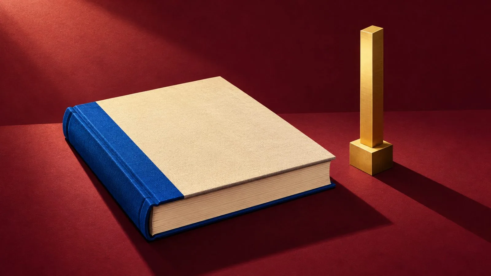 A closed ledger rests beside a rising brass marker / TokenPost.ai