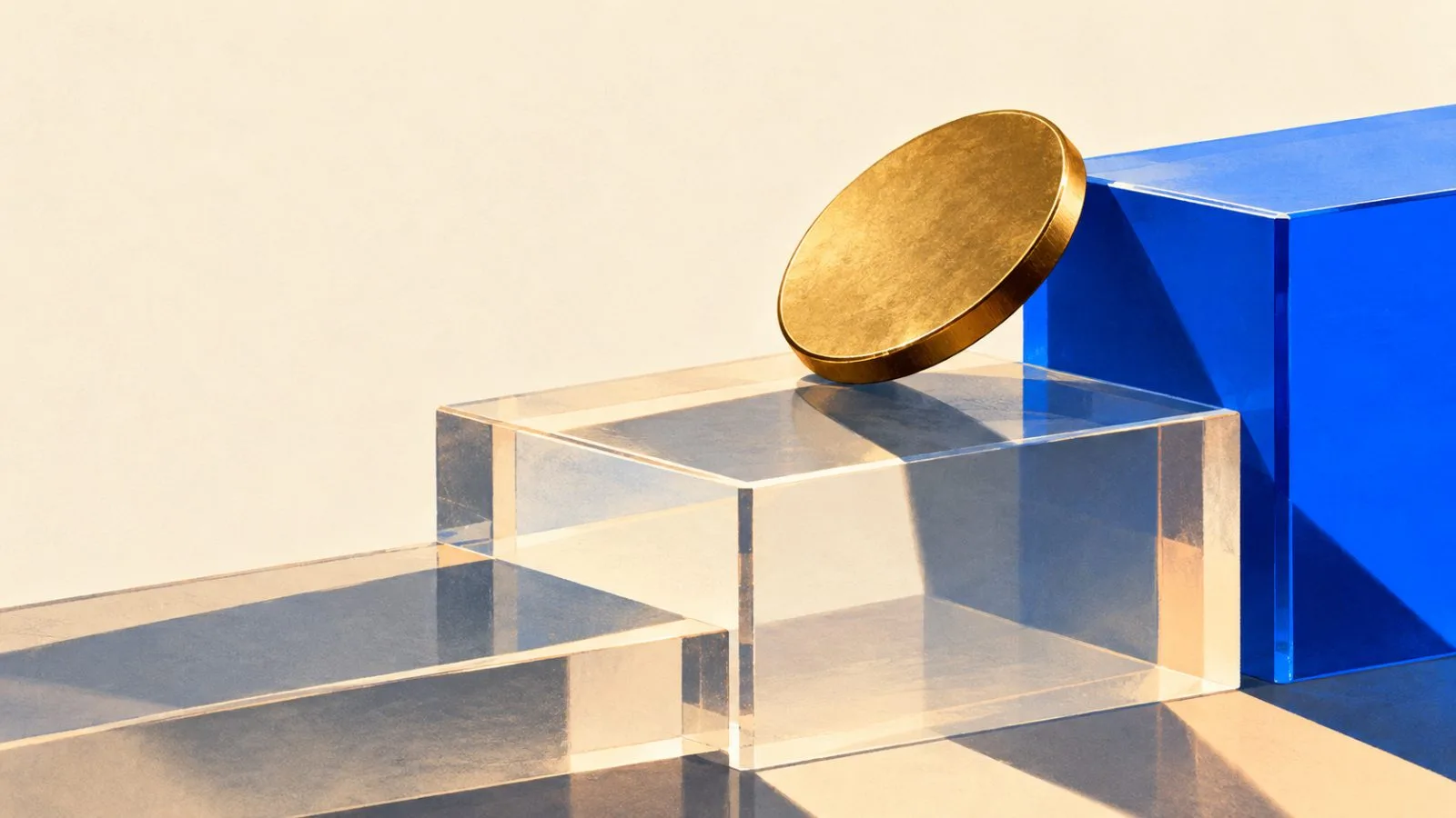 A brass token rests across layered clear acrylic plates / TokenPost.ai