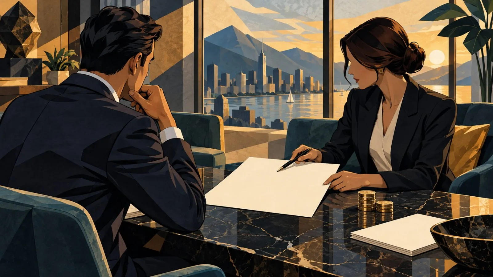 Anonymous investors review asset allocation in a private advisory lounge / TokenPost.ai