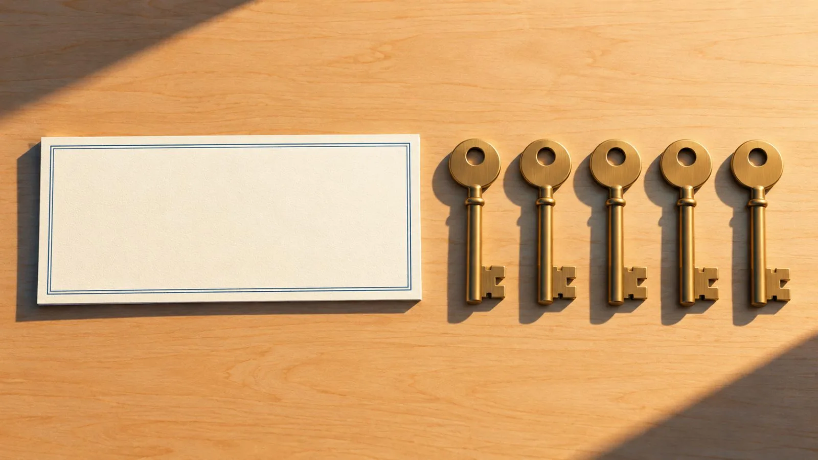 A blank dividend cheque rests beside five evenly spaced brass bank keys / TokenPost.ai