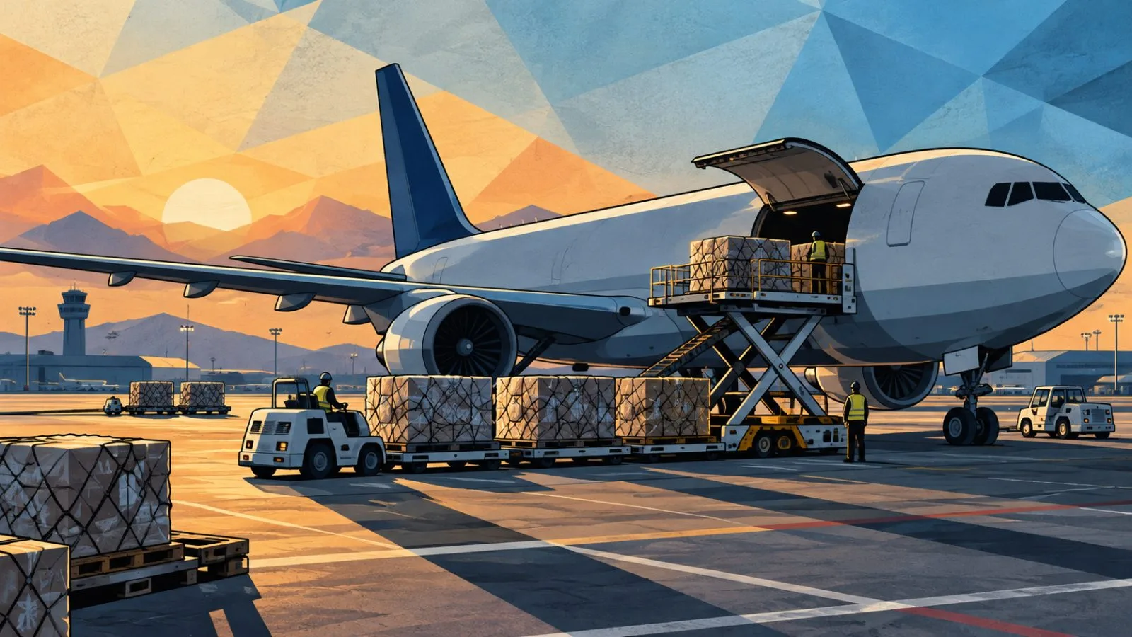 Cargo pallets await loading beside a freighter aircraft at sunrise / TokenPost.ai