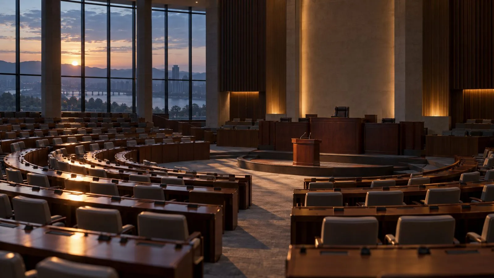 Empty parliamentary chamber with a lectern under soft daylight / TokenPost.ai