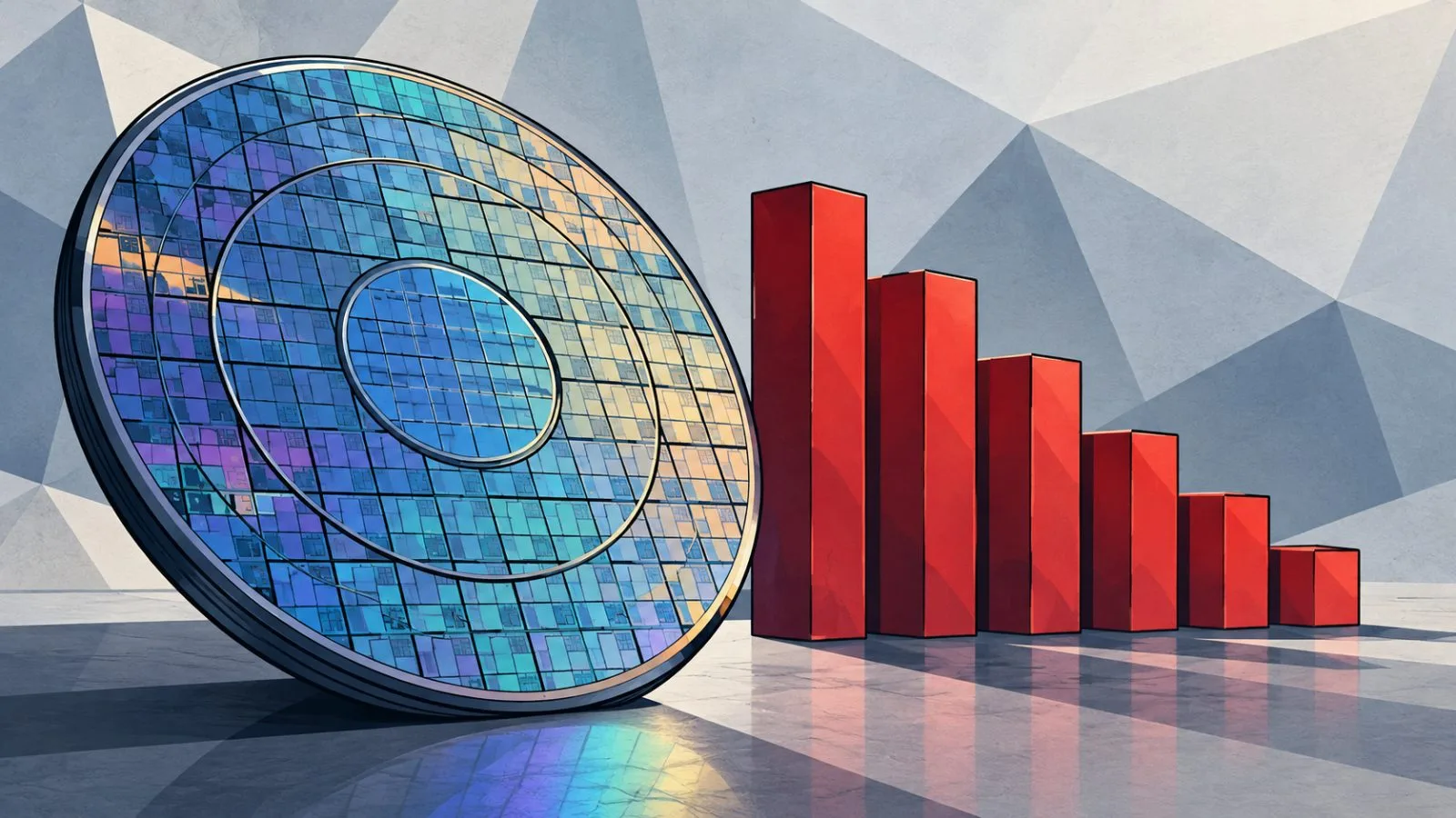 Silicon wafer beside six descending red market bars / TokenPost.ai