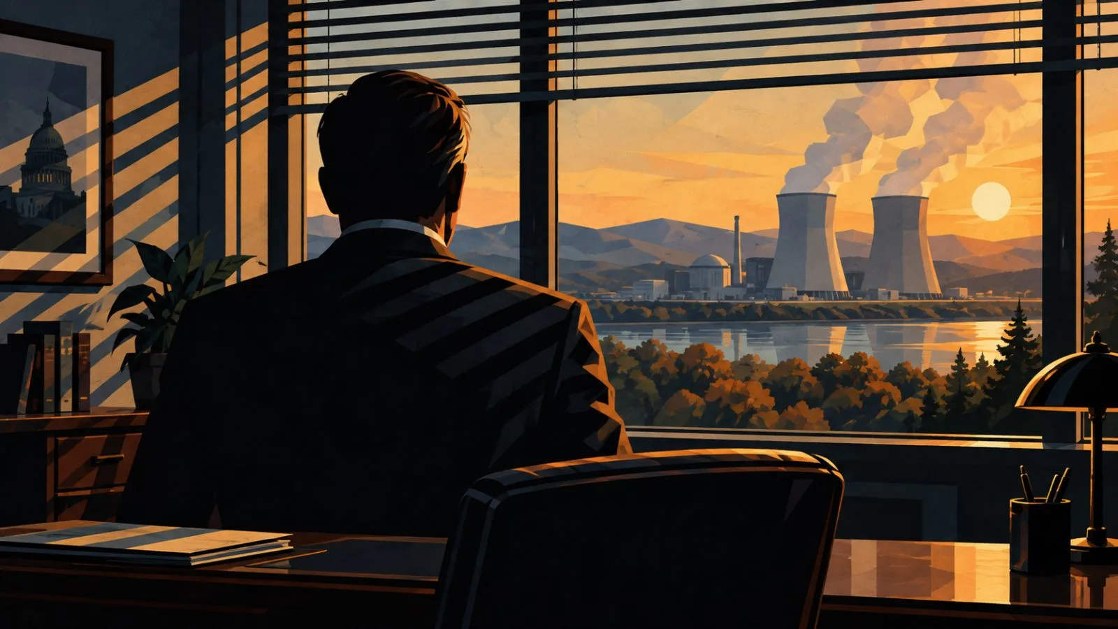Anonymous official viewing a distant nuclear facility through office windows / TokenPost.ai