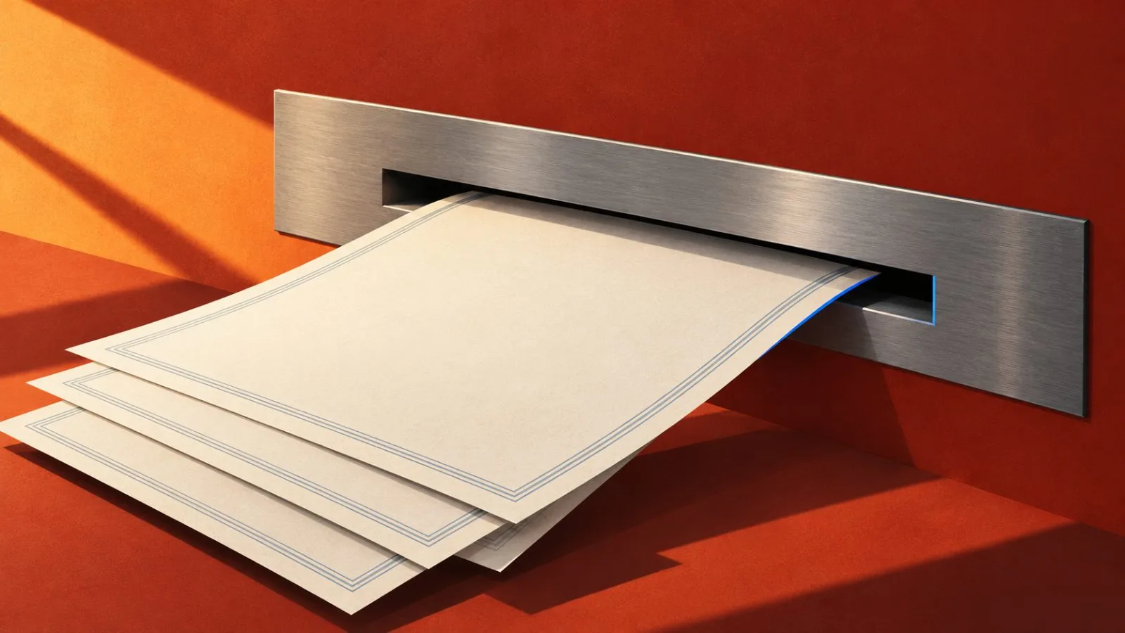 Blank share certificates slide into a brushed-steel slot / TokenPost.ai