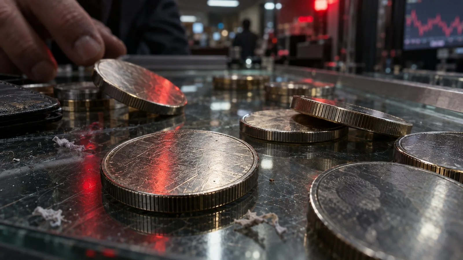 Tipped metal tokens scattered across a glass exchange counter / TokenPost.ai