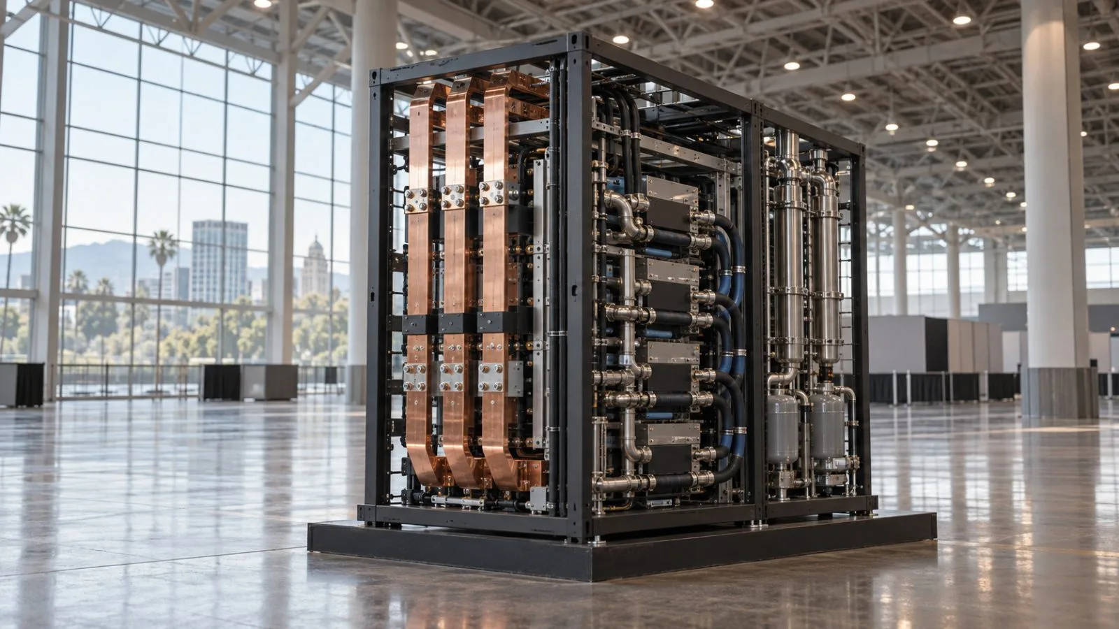 Copper busbars and cooling pipes frame a demonstration rack / TokenPost.ai