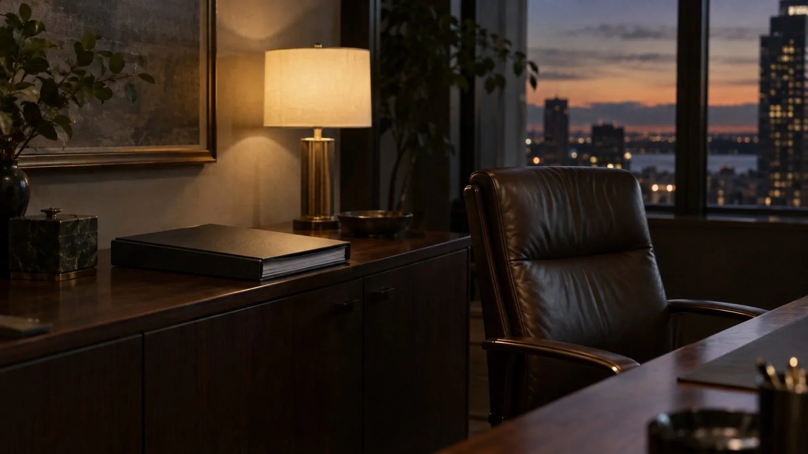 Empty executive office with a closed binder beside a leather chair / TokenPost.ai