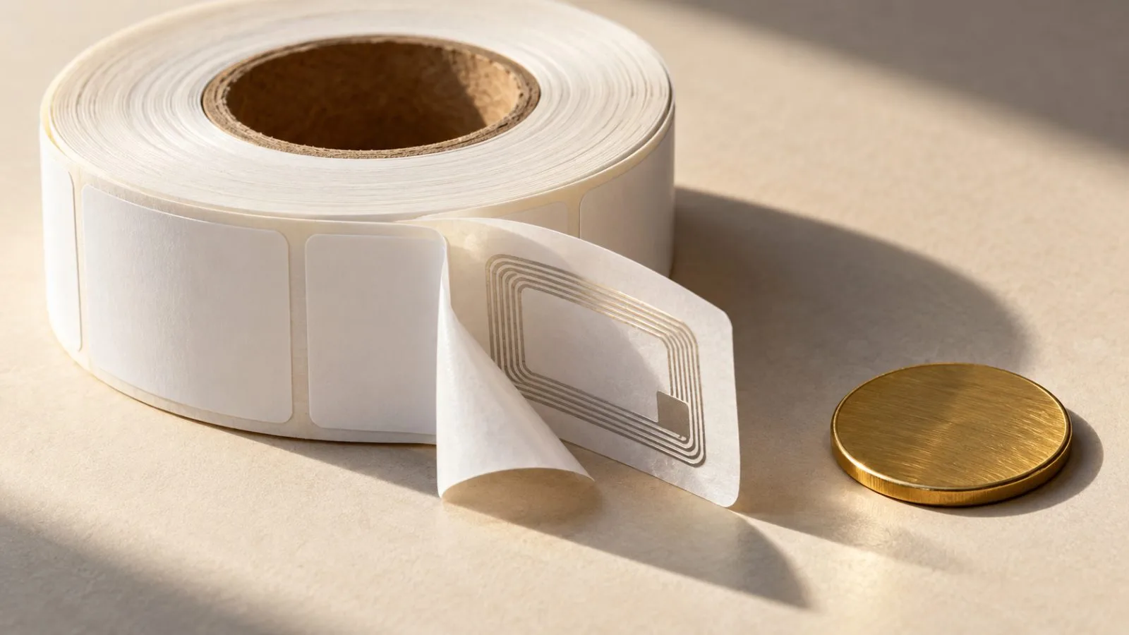 An RFID label roll rests beside a single brass coin. / TokenPost.ai