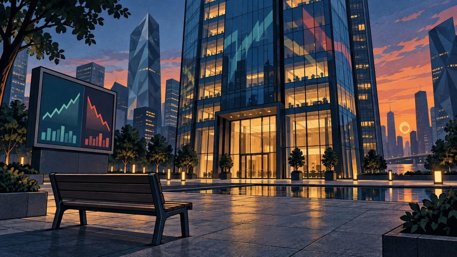 An empty plaza bench faces office towers at dusk / TokenPost.ai