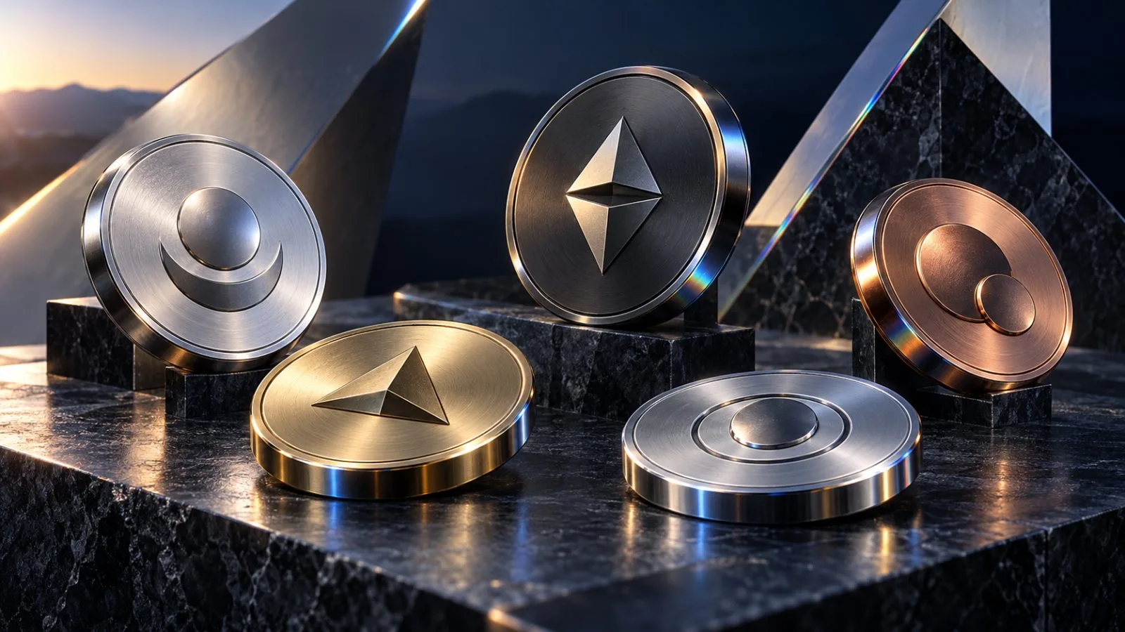 Metal tokens arranged in contrasting upward and downward positions / TokenPost.ai