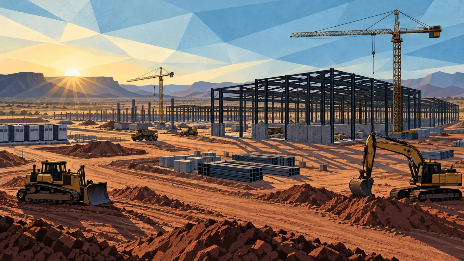 Steel framing rises across a sunlit Texas data-center construction site / TokenPost.ai