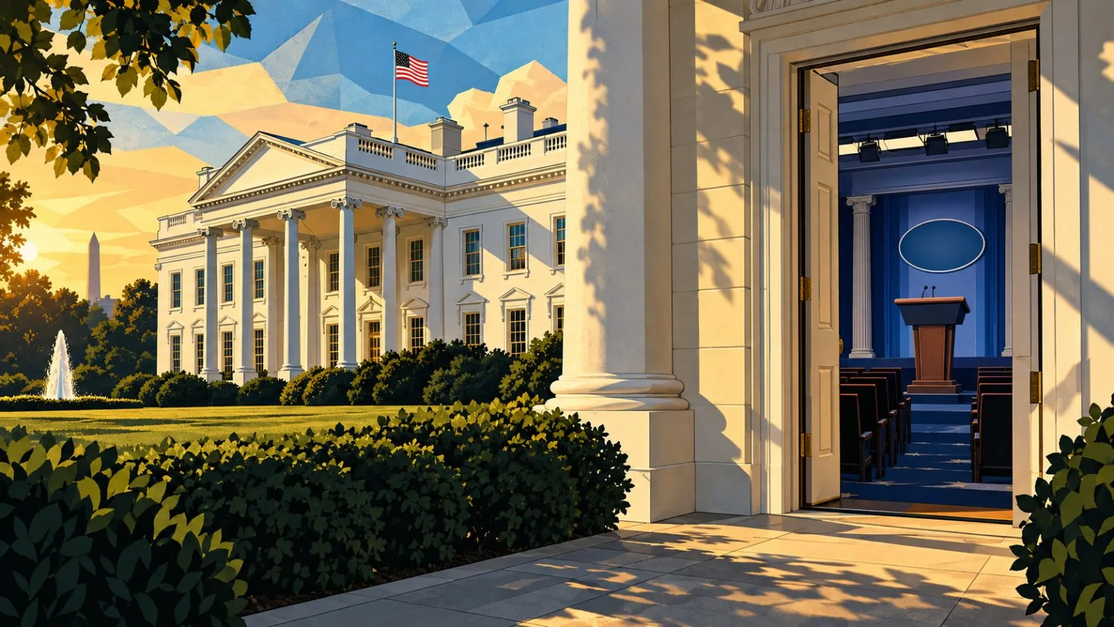 White House exterior beside an empty press-room podium / TokenPost.ai