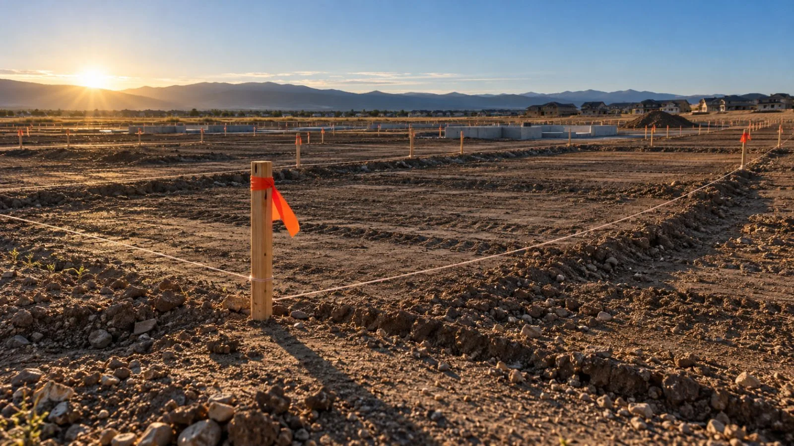 Survey stakes mark rows of empty residential lots in morning light / TokenPost.ai