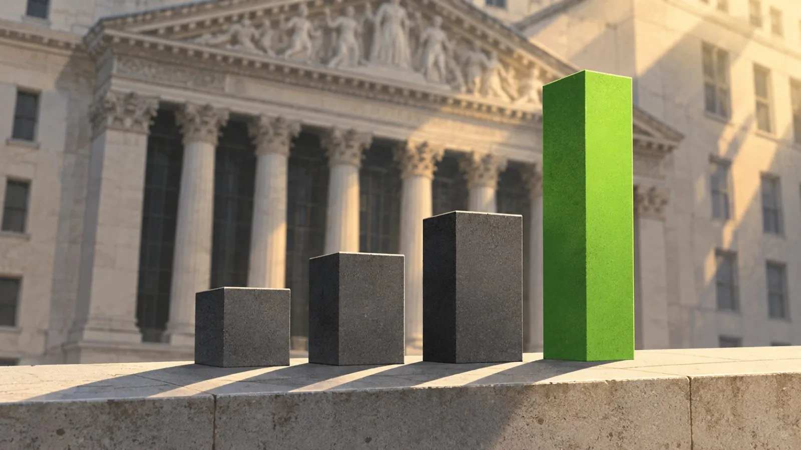 A green metal bar rises above three charcoal blocks before stone columns / TokenPost.ai