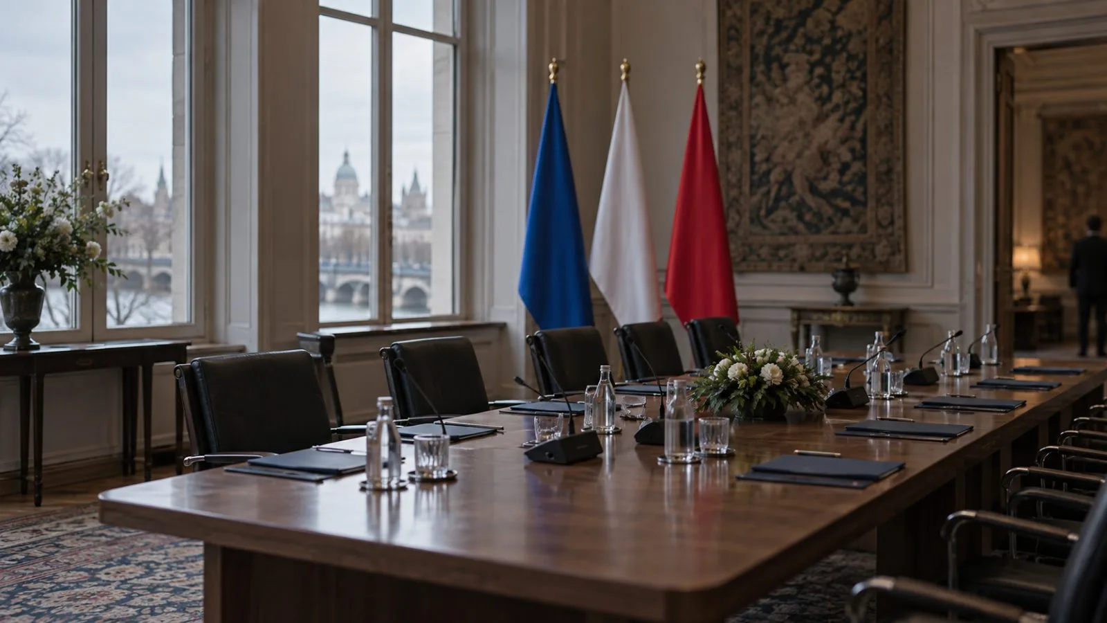 Plain flags stand beside an empty conference table in evening light / TokenPost.ai