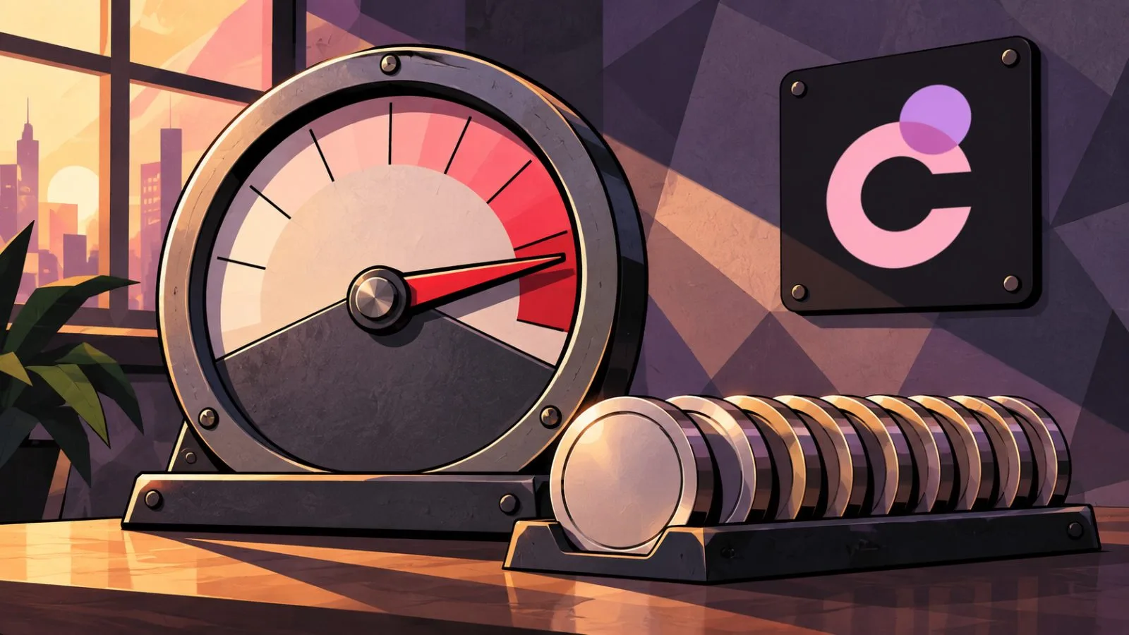 A metal gauge rests beside a row of identical tokens / TokenPost.ai