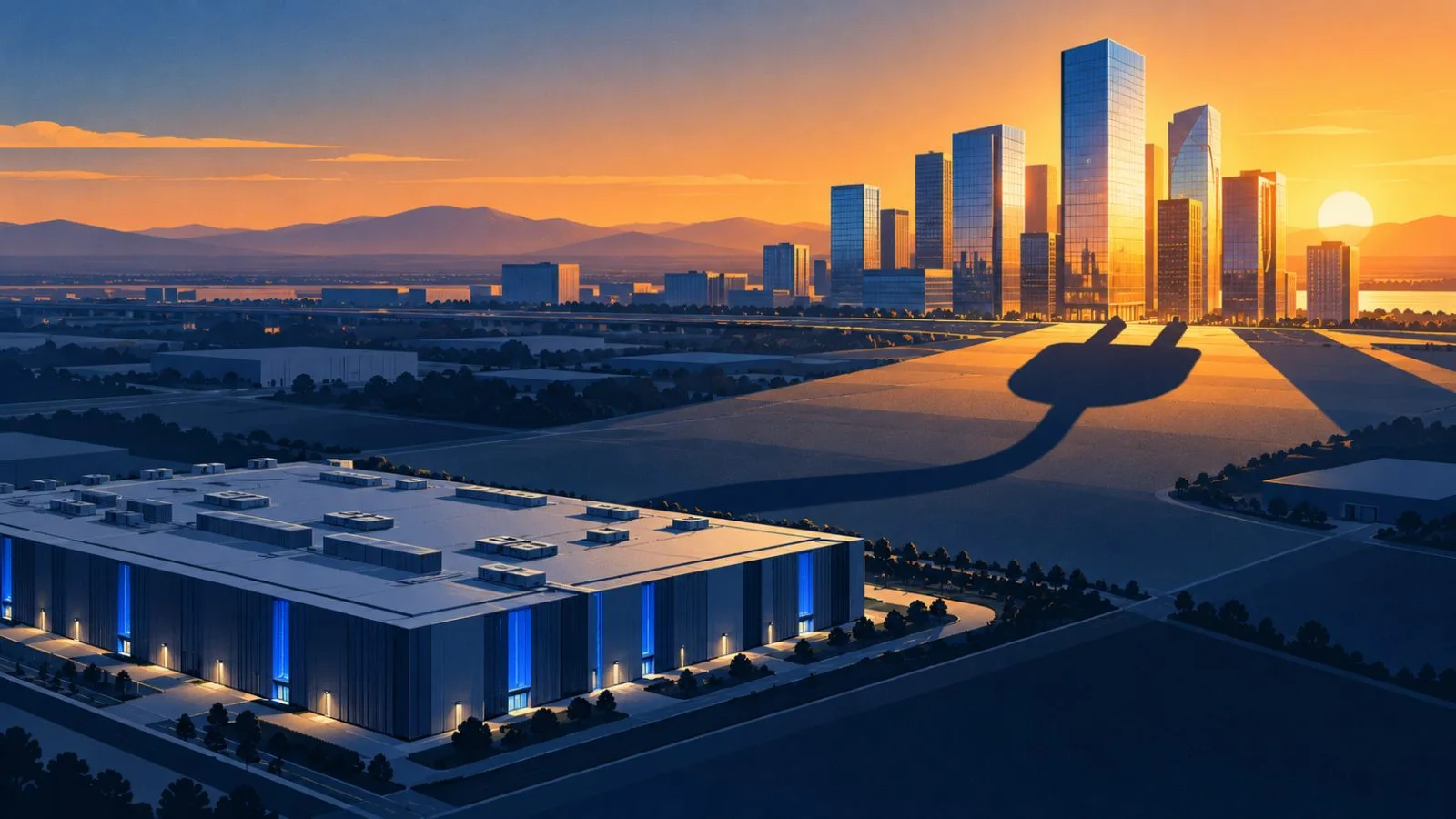 Glass office towers catch sunlight beside a low data center building / TokenPost.ai