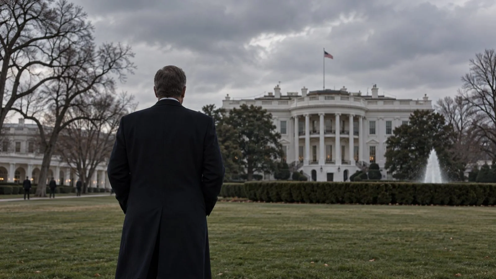 A suited figure stands outside the White House at dusk / TokenPost.ai