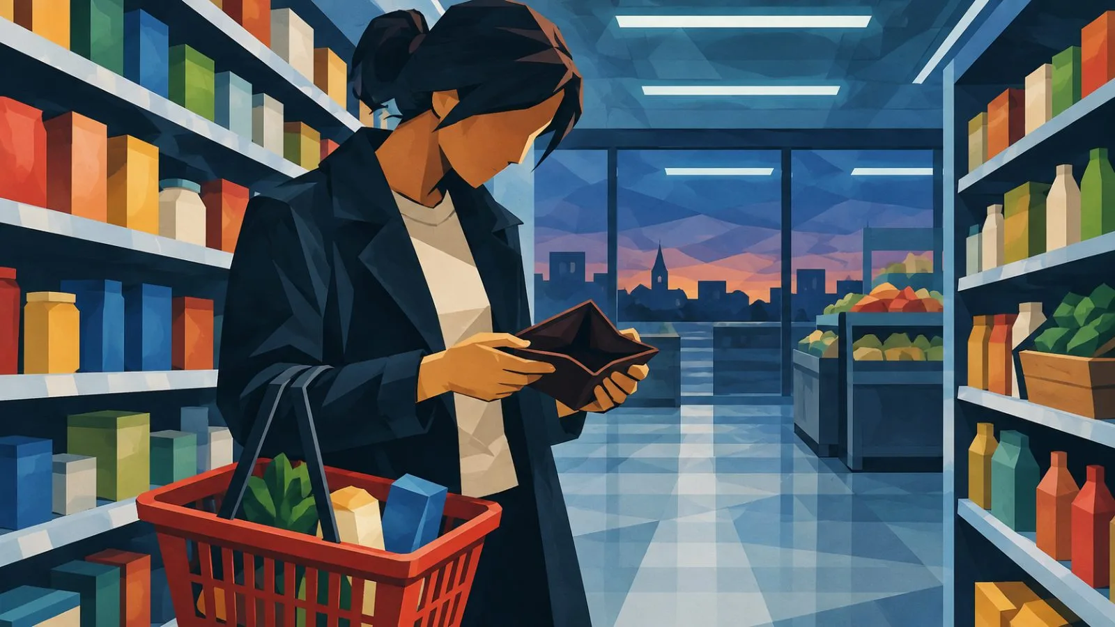 Shopper checks an almost empty wallet beside a grocery basket / TokenPost.ai