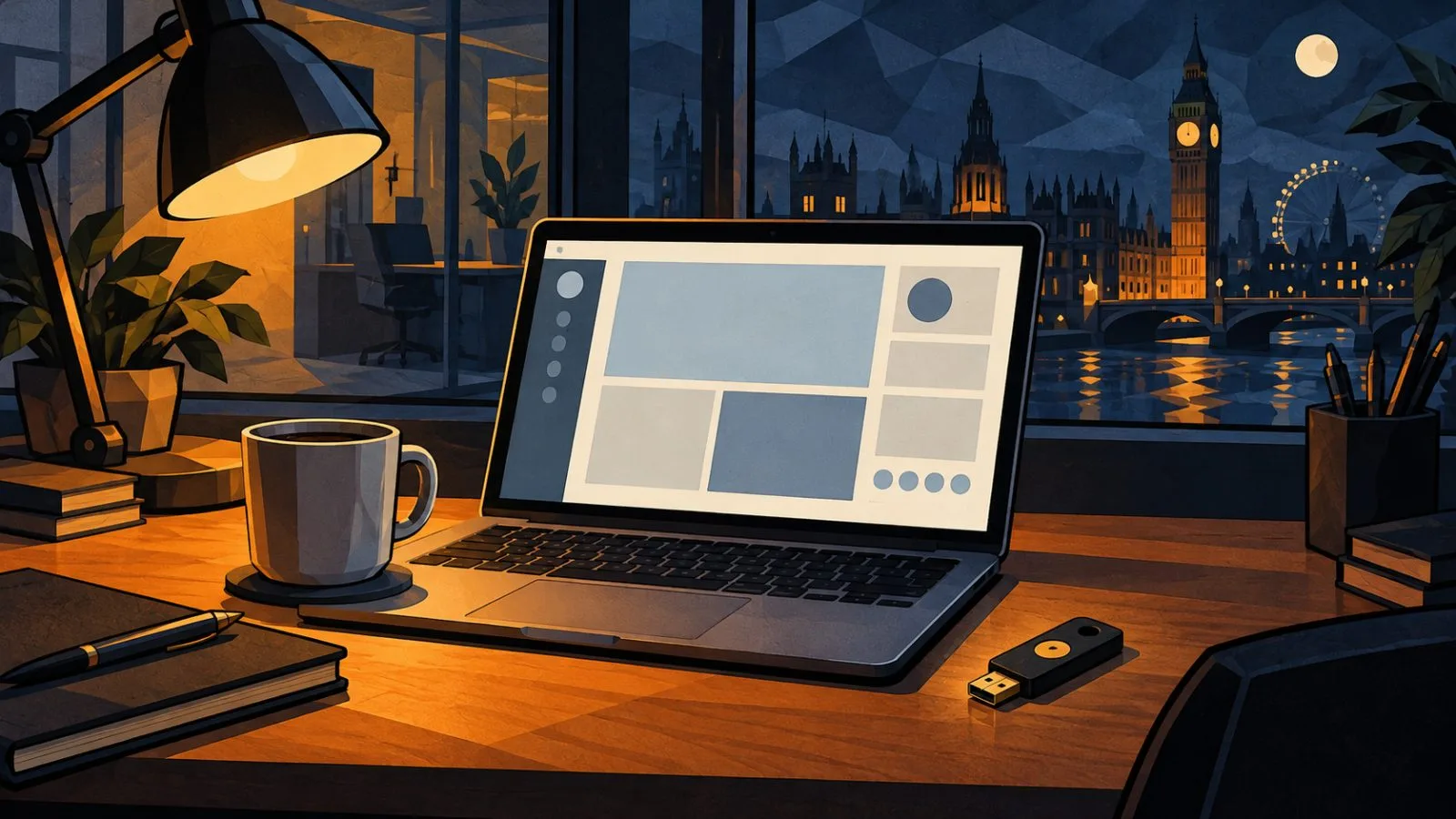 A security key rests beside a laptop in a dim office / TokenPost.ai