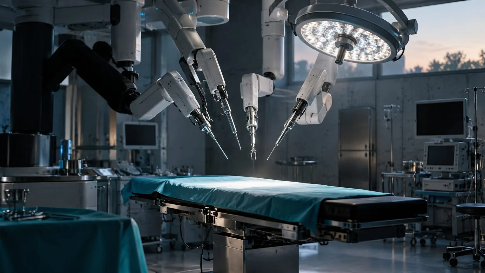 Robotic surgical arms hover above an empty operating table. / TokenPost.ai