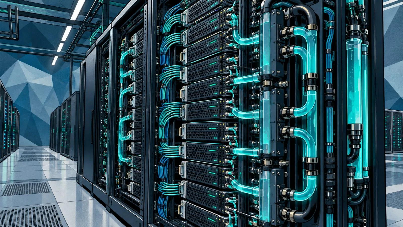 Liquid-cooled AI rack with dense fiber connections and cooling manifolds / TokenPost.ai