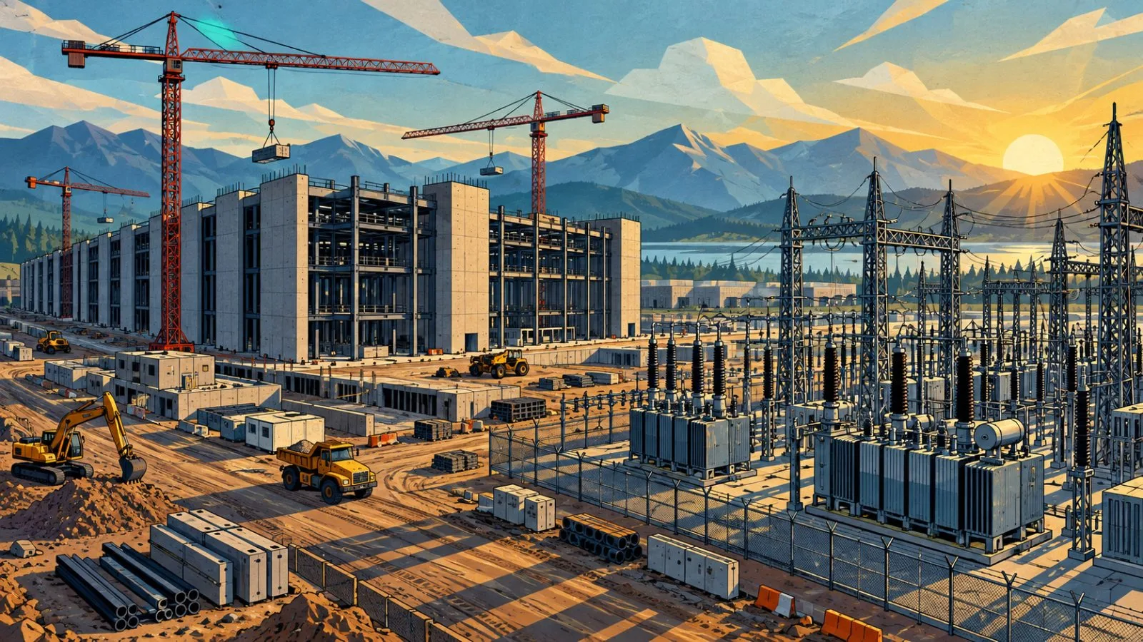 Concrete data center structures rise beside a power substation / TokenPost.ai