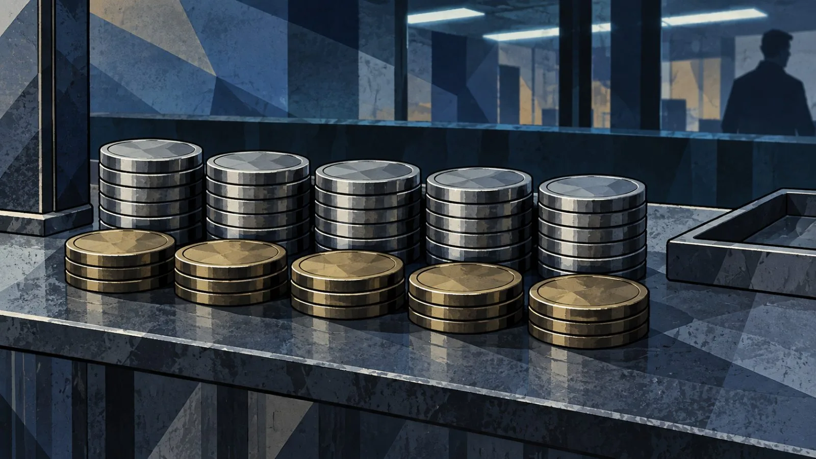 Plain metal trading tokens arranged in uneven rows / TokenPost.ai