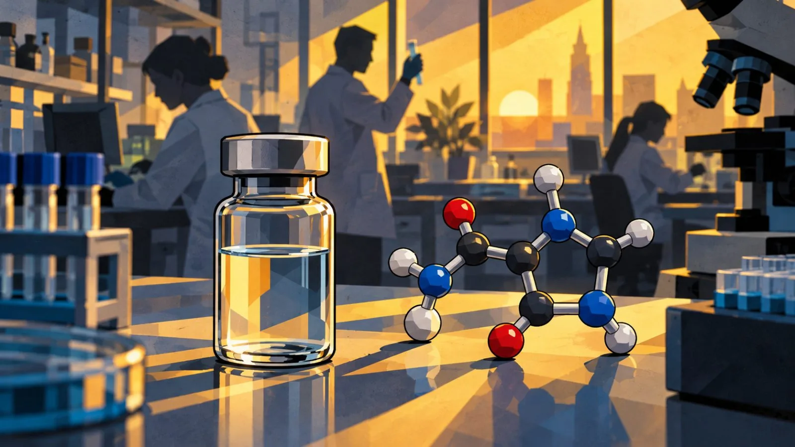 Glass vial beside a molecular model in a laboratory / TokenPost.ai