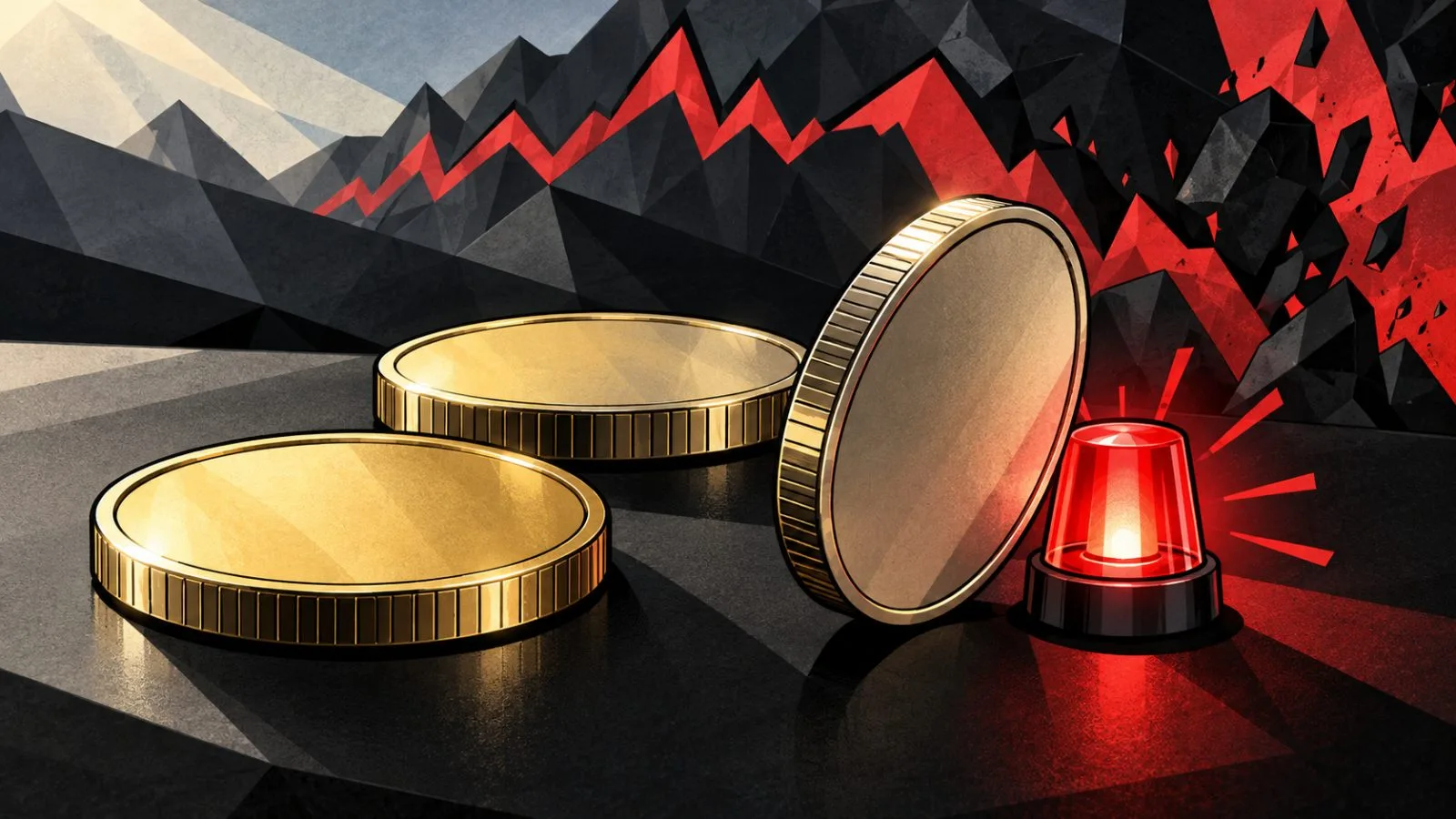 Three metallic tokens arranged beside a red warning light / TokenPost.ai