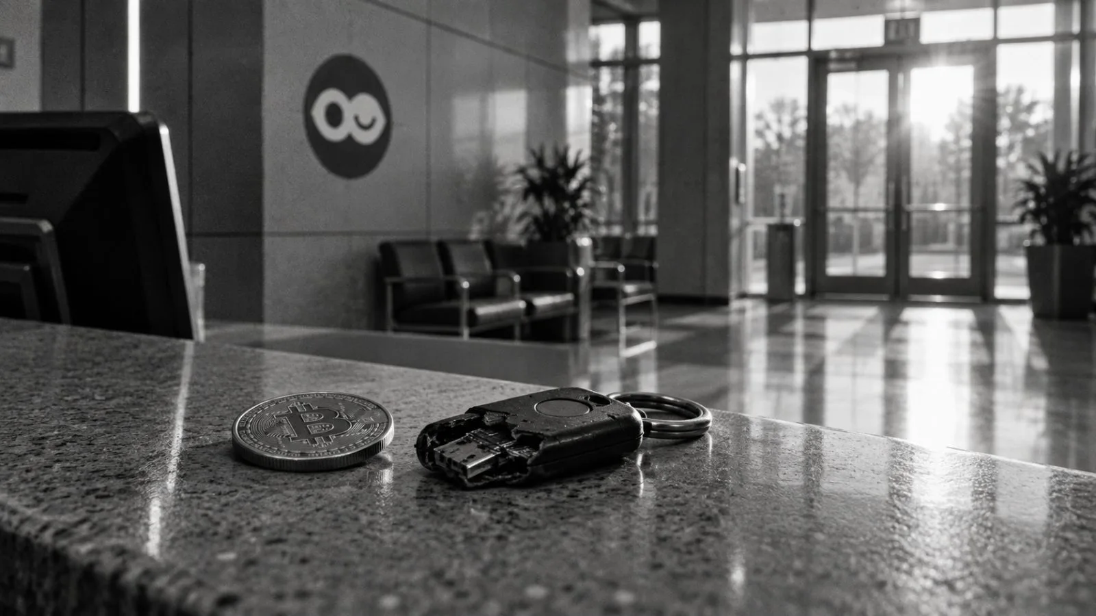 A Bitcoin coin rests beside a damaged security key fob / TokenPost.ai