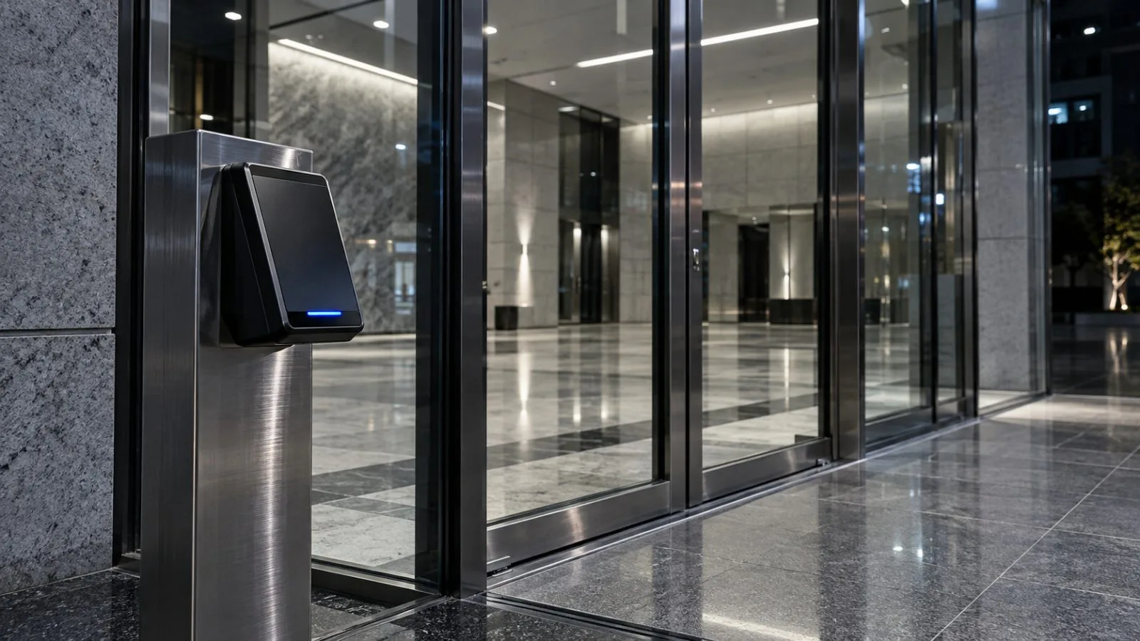 A card reader stands beside a secured financial institution entrance / TokenPost.ai